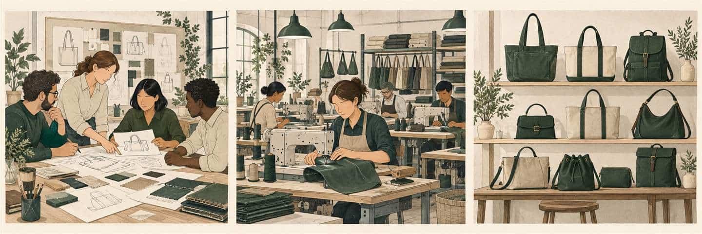 Editorial illustration of bag design discussions, sewing and a bag display