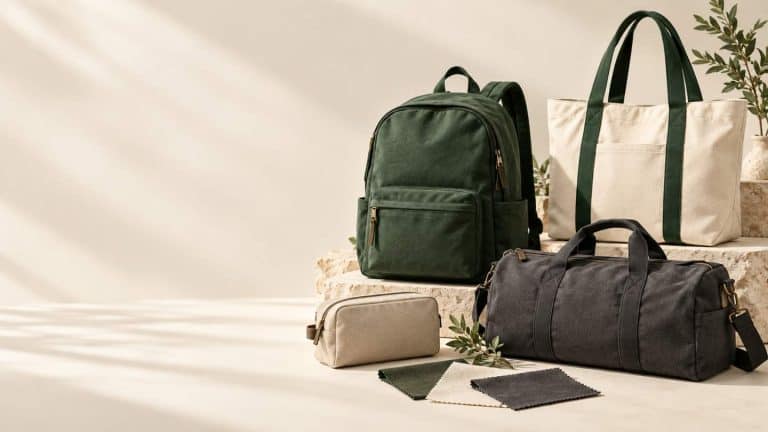 Conceptual bag collection in green, cream and charcoal